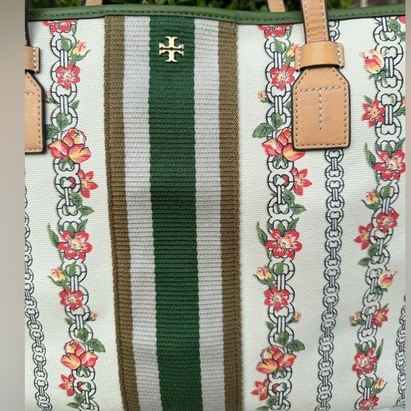 Tory Burch Ella Printed Canvas Tote Bag Floral Green Leather Straps - Picture 3 of 12